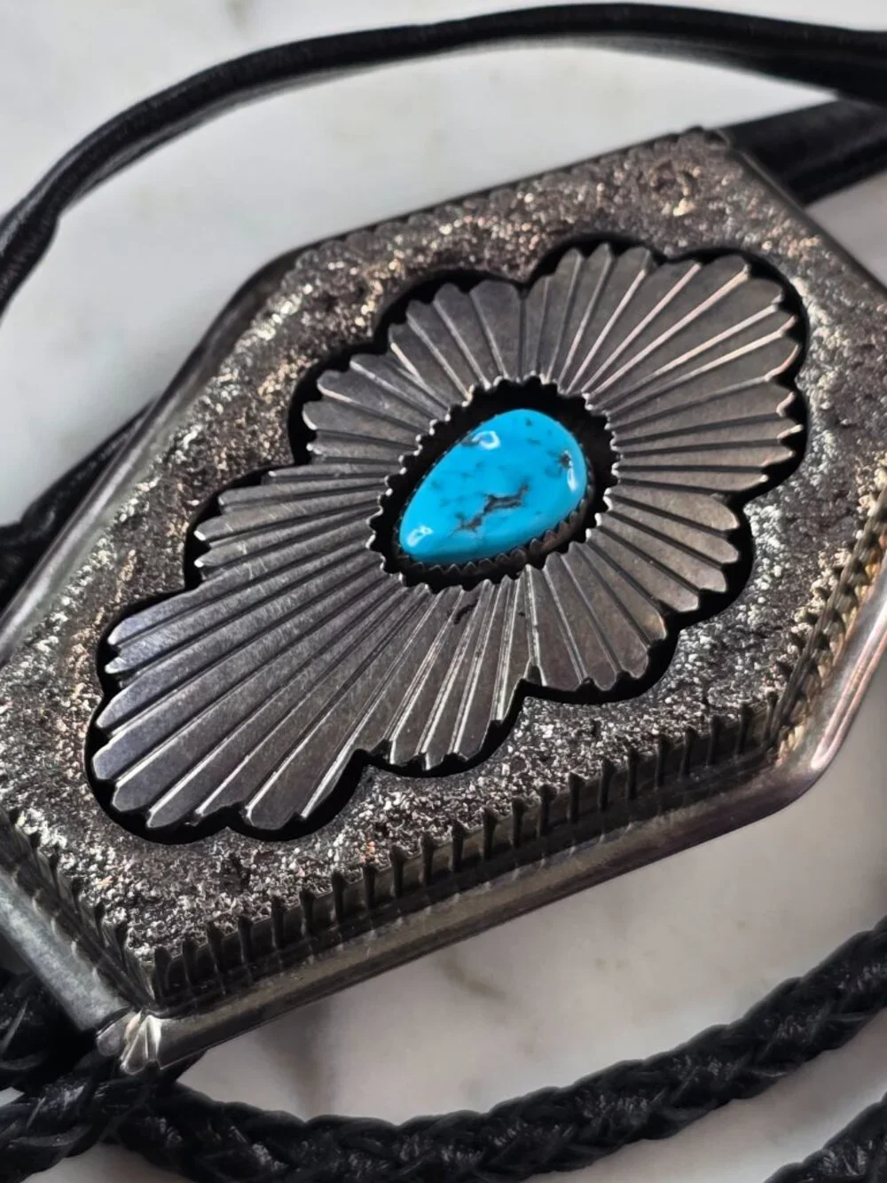 Southwestern Native American Sterling Silver Turquoise Casket Bolo Tie E640